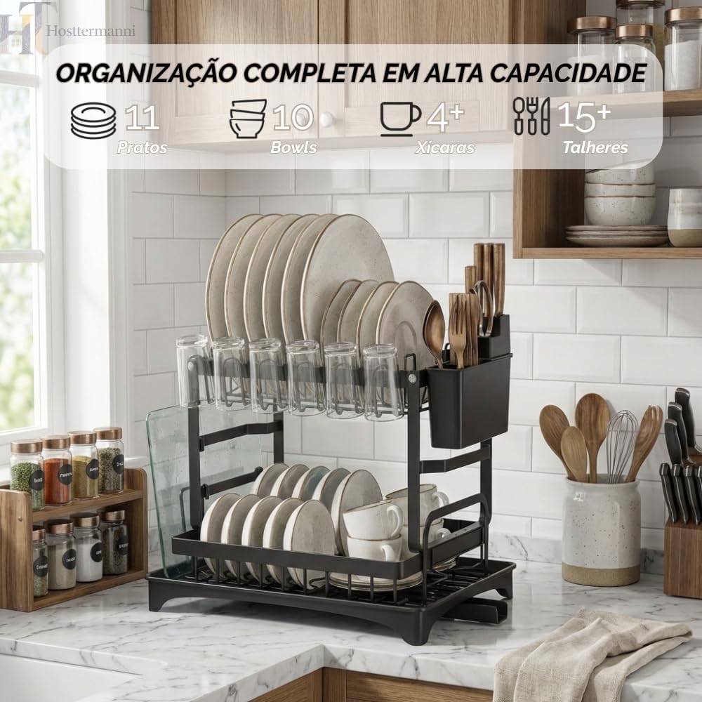 Escorredor Castral com pratos, bowls, xícaras e talheres organizados